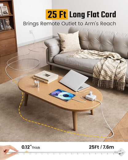 25Ft Long Extension Cord, Flat Plug Power Strip