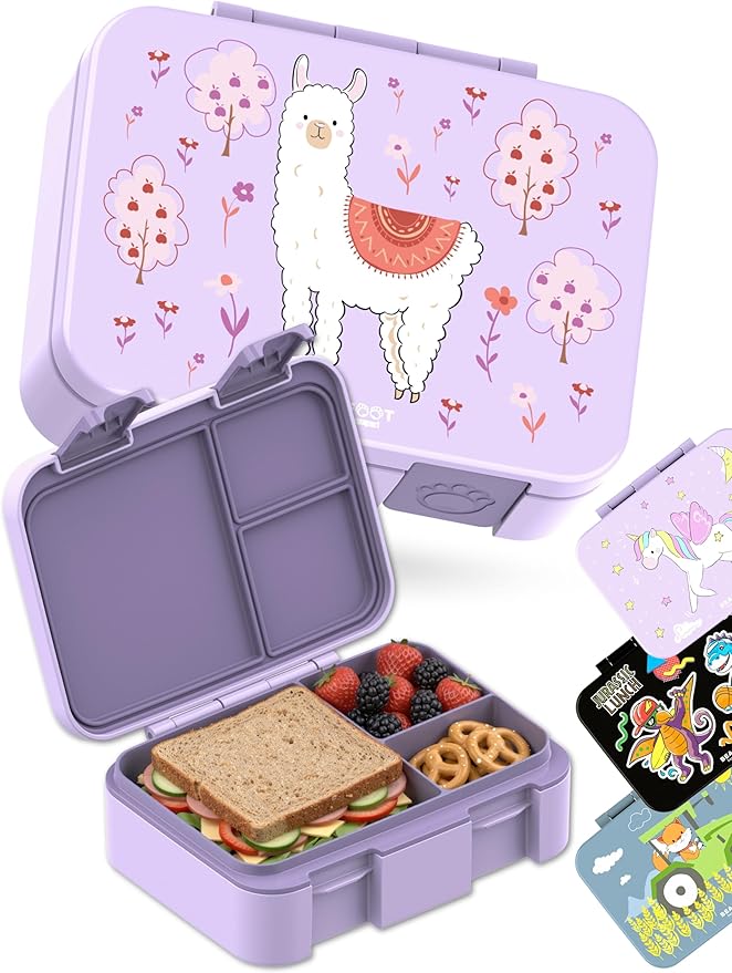 BEARFOOT Kids Lunch Box with Compartments – Compact & Lightweight | Leak-Proof, BPA-Free, Dishwasher & Microwave Safe | Hand-Drawn Design for Preschool, School, Travel (Llama Purple, 2.75 Cups)