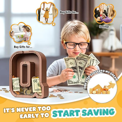 Summidate Wooden Letter Piggy Bank, Extra Thick Large Capacity Piggy Bank for Kids Boys Girls Toddler, Alphabet Q Money Bank| Coin Box Birthday, Christmas, Festival