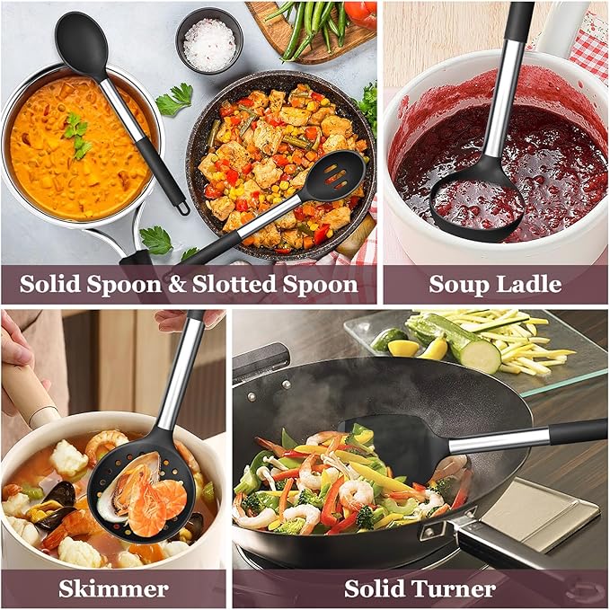 TeamFar Kitchen Utensils Set of 8, Silicone Utensils Kitchen Tools Set with Stainless Steel Handle, for Frying Serving Flipping Draining, Non-toxic & Heatproof, Nonstick & Dishwasher Safe - Black