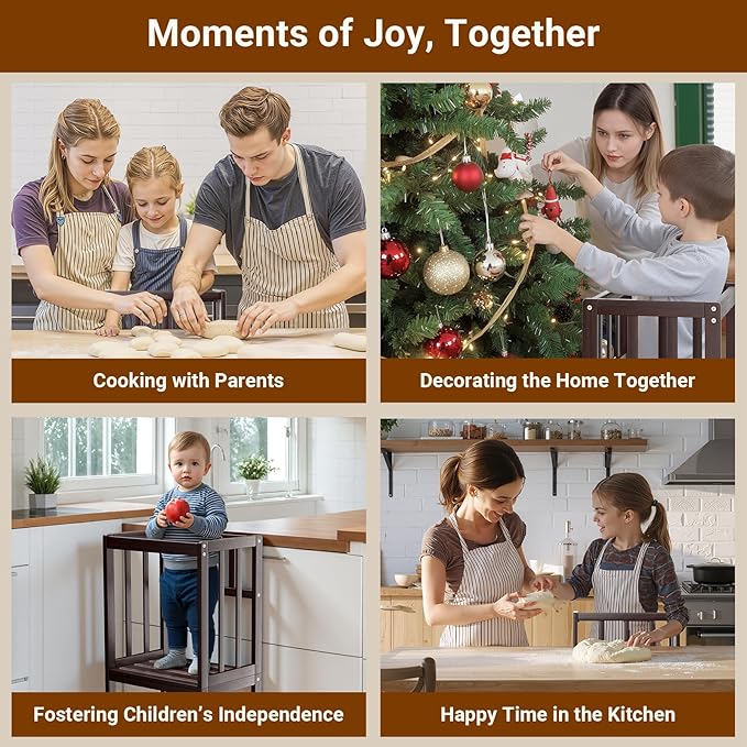 COSYLAND Height Adjustable Kitchen Stool for Toddlers – Portable Toddler Standing Tower for Learning and Cooking – Stable Kids Helper Tower with Stability Block for Kitchen Counter (Walnut)