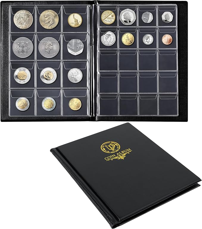 160 Pockets Coin Album - 10 Sheets Mixed Sizes Coin Holder 45x43/33x33 mm Collecting Grid for Pounds Pence Cents (Black) CS48160BK