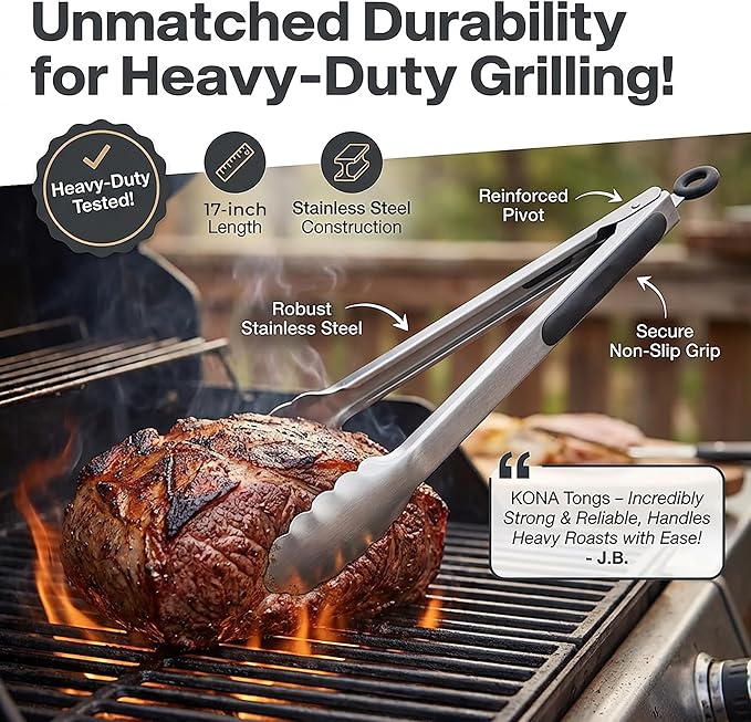 Kona Premium Stainless-Steel Locking Grill Tongs 18 inch, Heavy Duty Tongs