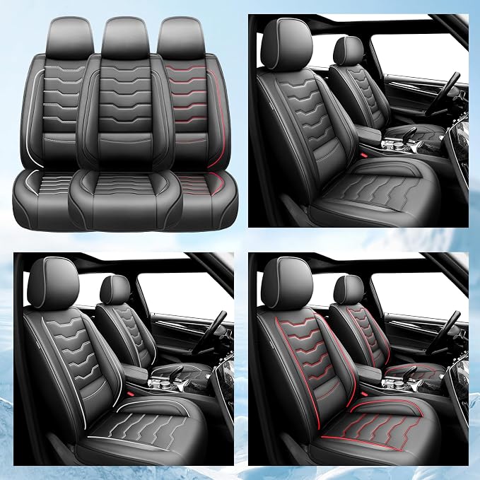 Fit Gladiator Car Seat Covers for Jeep Gladiator 2020-2025 2026 -Full Set Premium Leather, Waterproof & Breathable，All-Weather Seat Cushion Protecto & Airbag Compatible, 5 Seats Red Line Black