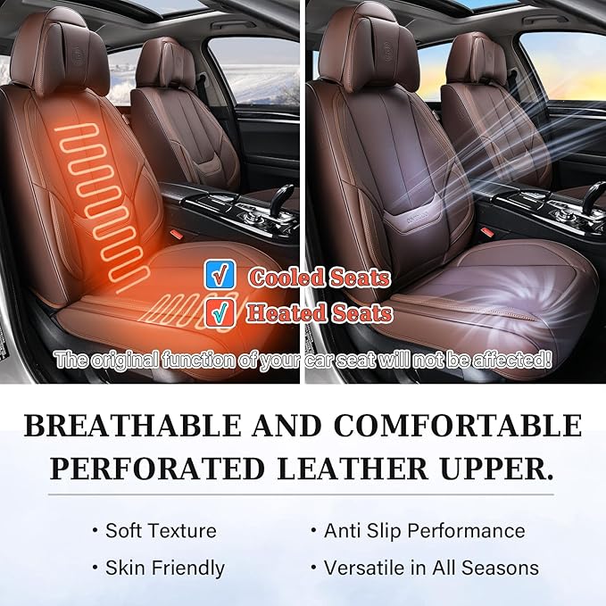 Coverado Universal Seat Covers Front, 2-Pack Universal Seat Covers for Cars, Waterproof Nappa Leather Car Seat Covers with Head Pillow, Auto Protectors Fit for Most Sedans SUV Pick-up Truck-Brown