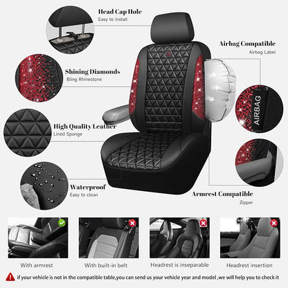 CAR PASS Bling Diamond Black Leather Car Seat Covers for 2 Front Interior Sets, Waterproof Shining Glitter Sparkly Crystal Universal Armrest Fit Automotive Truck SUV Cute Women Girl, Red Rhinestone
