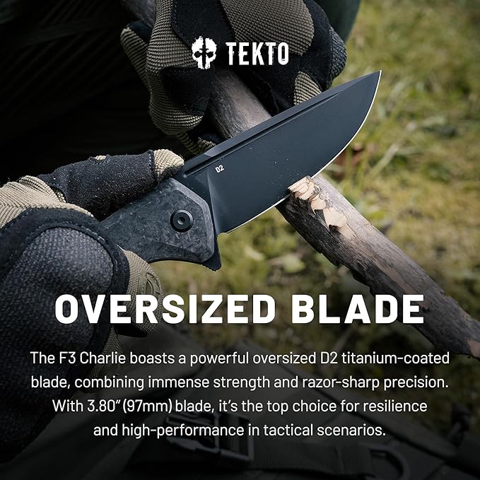 F3 Charlie Button Lock Folding Knife, Oversized Fine Edge Blade, Tactical Forged Carbon G10 Handle - Easy Open Pocket Knife with Titanium Coated D2 Steel & Black Titanium Barrel Spacers