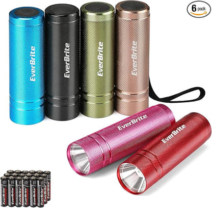 EverBrite 6-Pack Mini Flashlight Set, Aluminum LED Handheld Torches with Lanyard, Assorted Colors, Batteries Included for Party Favors, Night Reading, Camping, Power Outage, Gift to Christmas