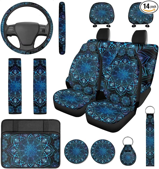 14 Pcs Blue Mandala Car Seat Covers Full Set with Steering Wheel Cover Armrest Cushion Head Rest Protector Seat Belt Covers, Retro Auto Interior Accessories Universal Fit Cars SUV Trucks