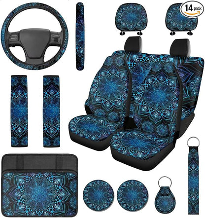 14 Pcs Blue Mandala Car Seat Covers Full Set with Steering Wheel Cover Armrest Cushion Head Rest Protector Seat Belt Covers, Retro Auto Interior Accessories Universal Fit Cars SUV Trucks