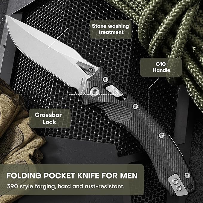Folding Pocket Knife for Men, M390 3.7" Blade with G10 Handle and Crossbar Lock, EDC Knife for Camping, Hiking, and Outdoor Gifts for Him (Black)