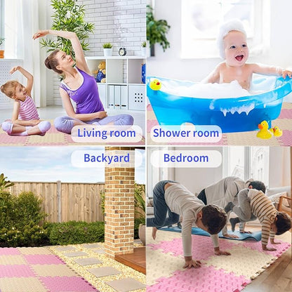 36 Tiles Foam Play Mat for Baby, 0.4 Inch Thick Foam Interlocking Floor Mats, Soft Non-Toxic Baby Playmat, Solid Colored Puzzle Play Mat Kids Floor Mats for Toddler(Beige/Pink)