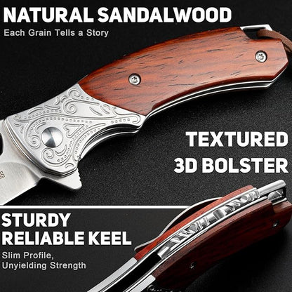 NedFoss Heron Pocket Knife for Men, 2.8" 14C28N Steel EDC Knife with Premium Sandalwood Handle, Personalized Cool Knife for Mens Gift, Collection (No Leather Sheath)