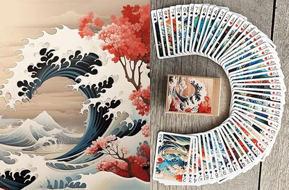 Roaring Waves and Majestic Beasts Playing Cards (Poker Deck 54 Cards All Different) Great Wave Japan Sakura and Ancient Demons Vintage Styled Illustration