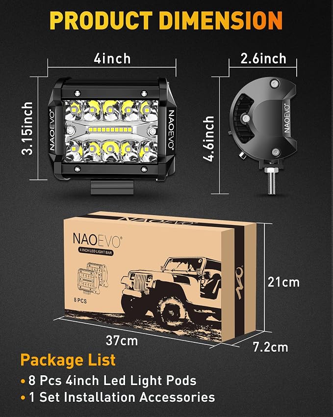 NAOEVO 4 Inch LED Pod Lights, 480W 48,000LM LED Fog/Driving/Off Road Lights with Spot Flood Combo, Cube Pods for Truck Boat ATV UTV Pickup, 8 Pcs (White)