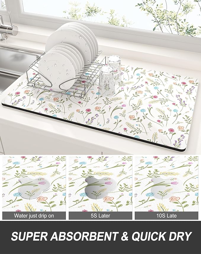 Rnivvi Dish Drying Mat for Kitchen Counter, 12 x 19" Cute Flower Theme Super