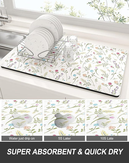 Rnivvi Dish Drying Mat for Kitchen Counter, 12 x 19" Cute Flower Theme Super