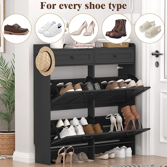 Shoe Cabinet with 4 Flip Drawers & 2 Storage Drawers, Rustic Farmhouse Narrow