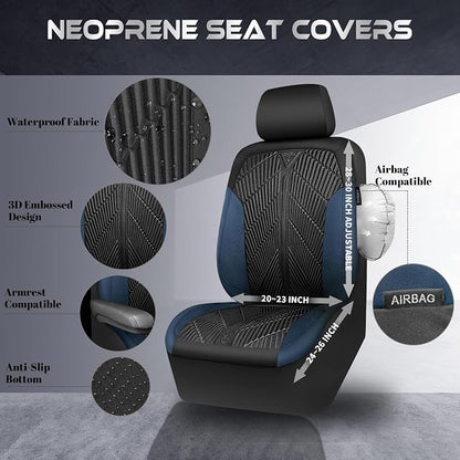 CAR PASS Waterproof Black Blue Car Seat Covers Front Seat Covers Neoprene Wetsuit,All-Weather Non-Slip Durable,Universal Fit for SUV Trucks Automotive,Armrest Airbag Compatible,Emboss Black Blue
