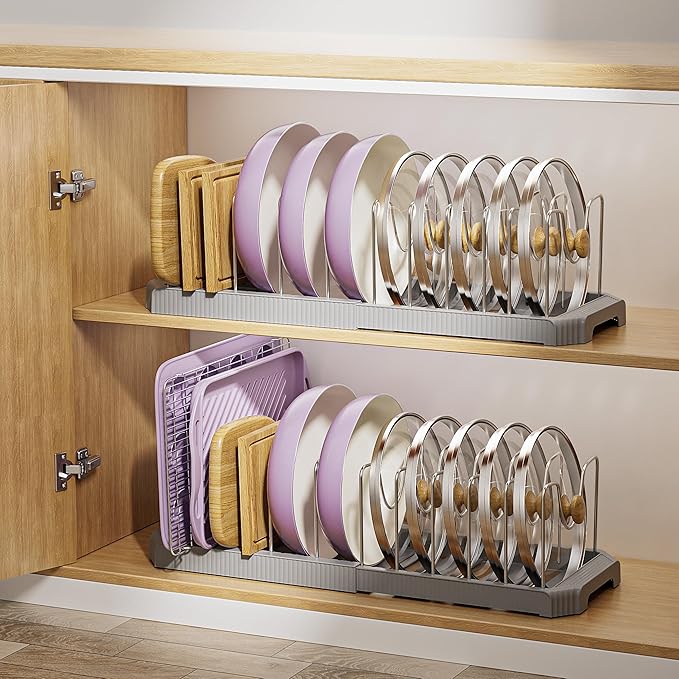 MUDEELA Pot Lid Organizer Rack for Cabinet, Expandable Pots and Pans Organizer