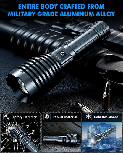 Super Bright Rechargeable LED Flashlights 5000.000High Lumens,Powerful Tactical Flashlight Up to 25H Long Battery Life|Zoomable|5Light Modes|IP67 Waterproof,Flashlights High Lumens for Camping (Grey)