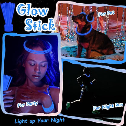 100 pk 8" Glow Sticks Bulk Party Favors, Light up Glow Necklaces & Bracelets in the Dark Party Supplies For Christmas Halloween 4th of July Birthday Neon Party (100 * Blue)