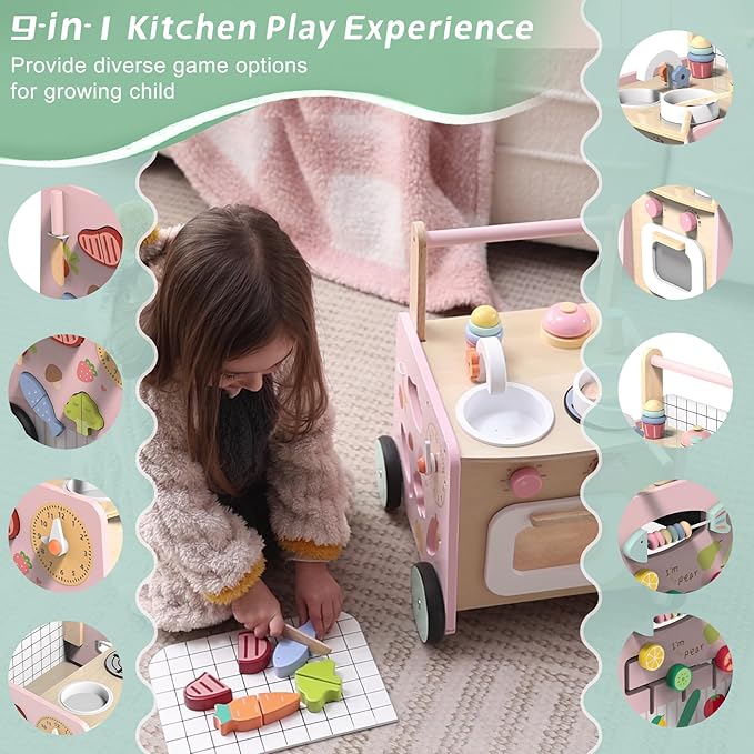 Wooden Baby Walker 9-in-1 Activity Center with Toddlers Montessori Sensory Toys and Play Kitchen Push Walker for Kids with Wheels and Storage Space, Ideal Gift for Girls Boys Ages 6-36 Month