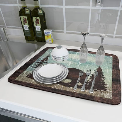 Giwawa Retro Brown Bear Forest Cabin Dish Drying Mat Countertop 18x24 Fall Blue