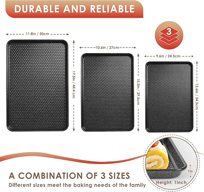 Baking Sheet Pan Set of 3, Nonstick Carbon Steel Cookie Sheets