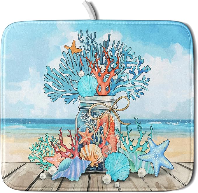 Coastal Coral Dish Drying Mat 16x18 inch Starfish Shell Fast Dry Microfiber