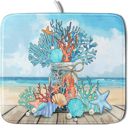 Coastal Coral Dish Drying Mat 16x18 inch Starfish Shell Fast Dry Microfiber