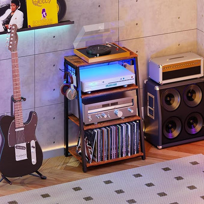 4-Tier AV Media Stand with Power Strips, Heavy Duty Stereo Cabinet Stand with