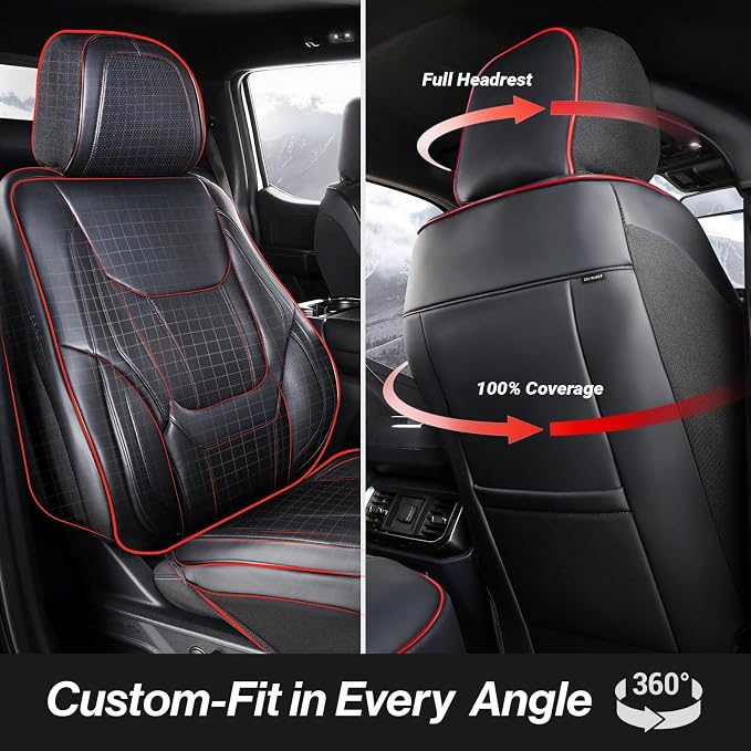Coverland Custom SUV Car Seat Covers Front Seats for [2020-2025 Subaru Outback] - Protector Water Resistant Leather Memory Form Back Support Seat Cushion [Front - Black with Red Stitching]