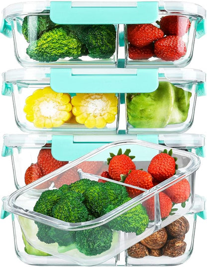 [5-Pack,36 Oz]Glass Meal Prep Containers 2 Compartments Portion Control with Upgraded Snap Locking Lids Glass Food Storage Containers, Microwave, Oven, Freezer and Dishwasher (4.5 Cups, Green)