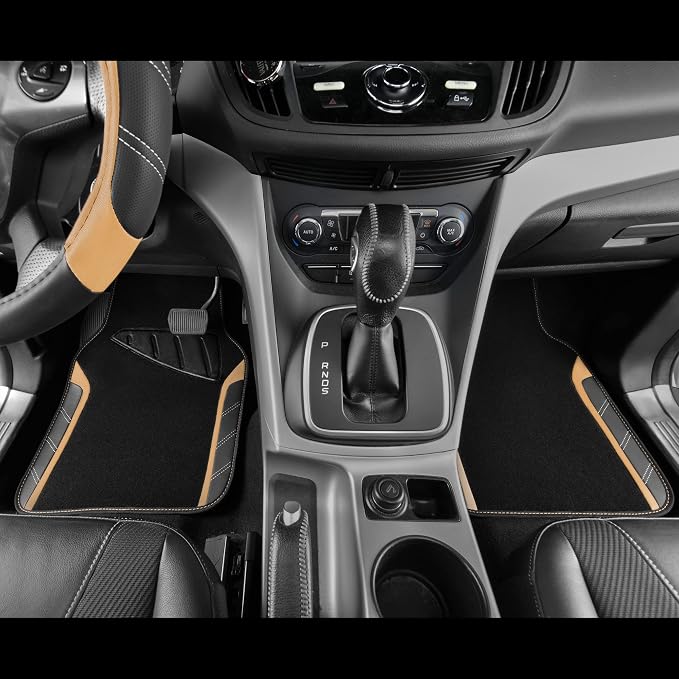 CAR PASS Microfiber Steering Wheel Cover and Waterproof Car Floor Mats,Leather Universal Car Combo Fit for 95% Truck,SUV,Cars,14.5-15inch Sporty Anti-Slip Safety Comfortable Design(Black and Beige)
