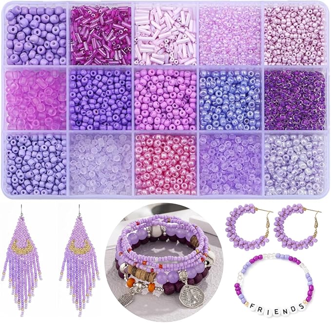15 Color 4mm Small Assorted Glass Seed Beads,3mm Bugle Beads Friendship Bracelet Kit,2mm Tiny Tube Bead for Jewelry Making(Purple)