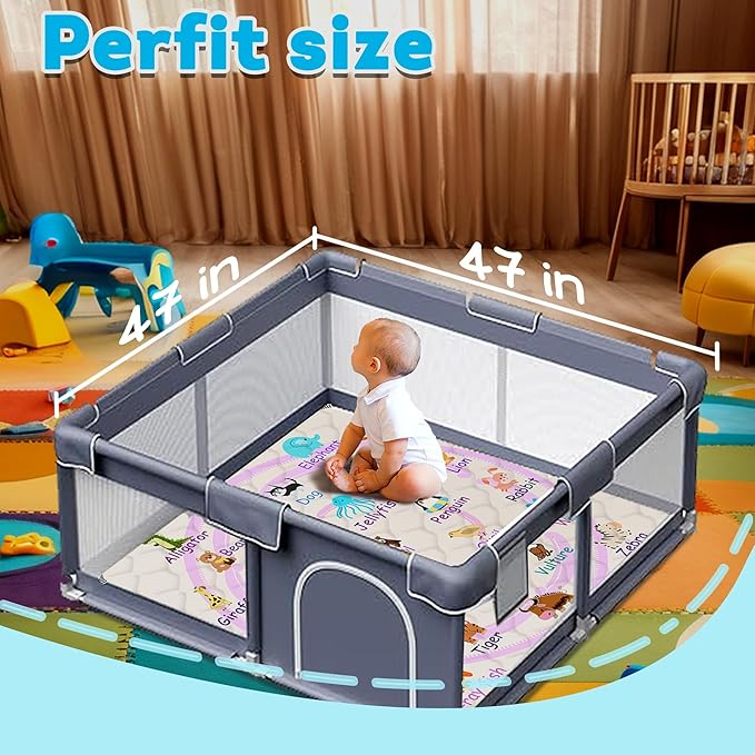 Baby Play Mat，Thick Soft 47" X 47" Playpen mat, Non-Slip and Machine Washable Baby Play Mats for Floor，Crawling Mat for Babies, Toddlers & Infants to Play and Learn (Pink Animal)
