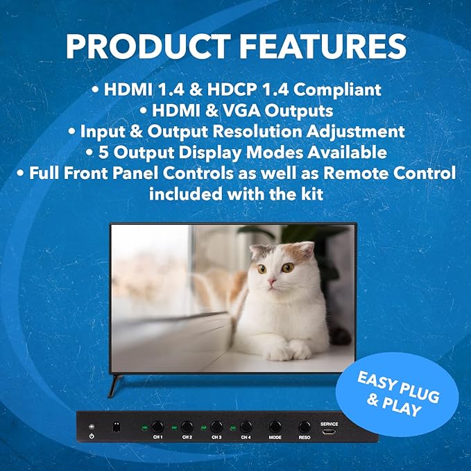 Quad Multi Viewer 4 in 1 Out by OREI HDMI Switcher 4 Ports Seamless Switcher