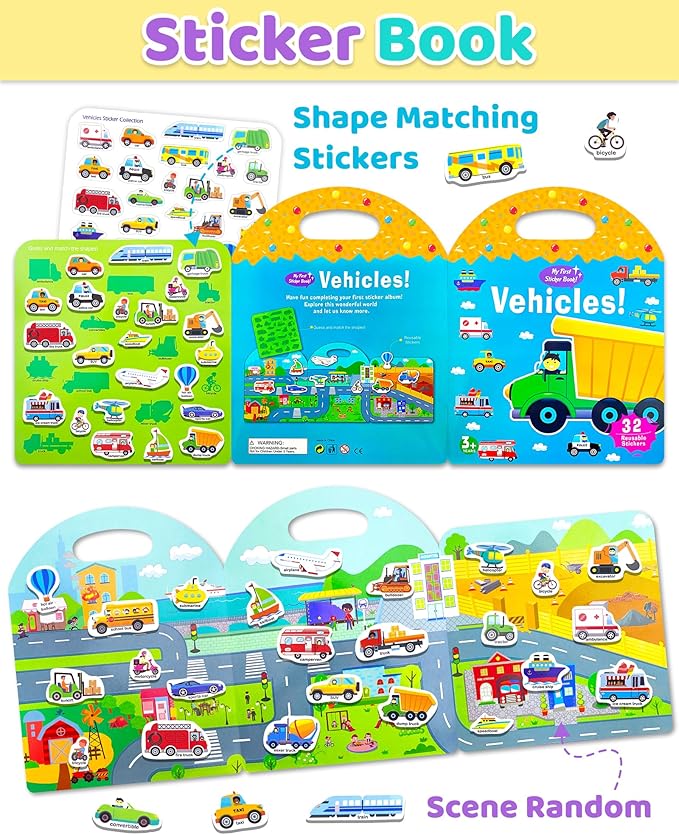 Benresive Reusable Sticker Book for Toddlers 2-4 Years, Fun Travel Stickers for Kids, Waterproof Sticker Books for Toddlers 1-3, Crafts Activities for Todddlers 1-3 2-4 3-5 - Transport