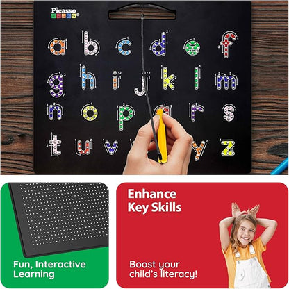 PicassoTiles Magnetic Alphabet Board 12x10 in Dual Sided Learning Pad with Upper and Lowercase Letter Tracing Stylus Pen Reusable Erasable Educational Toy Kids Preschool Montessori Writing Tool PTB03