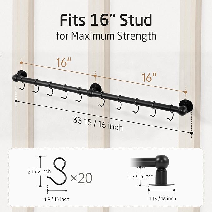 KES 130lb High-Capacity 32 Inch Pot Rack Wall Mounted