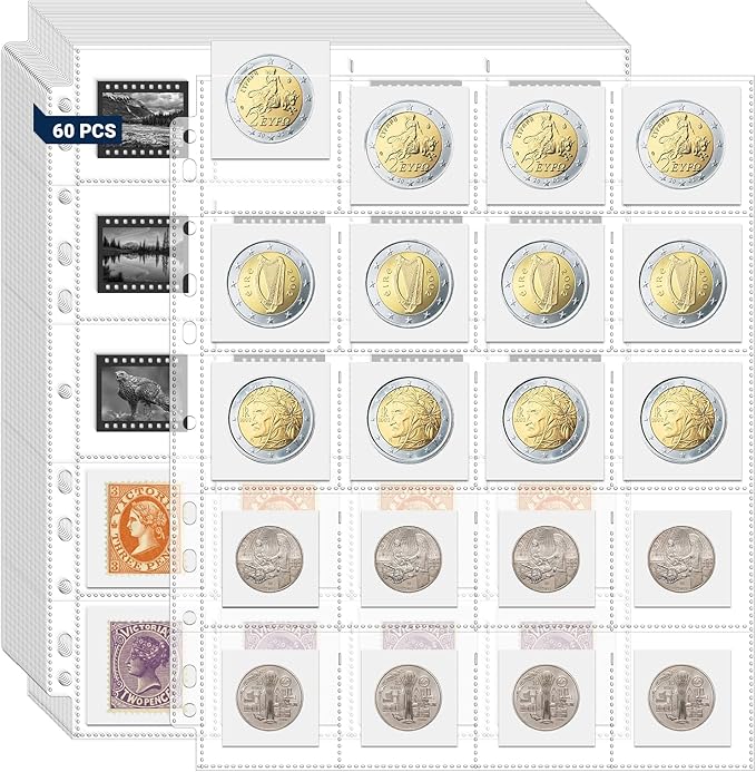 1200 Pockets Acid Free Coin Sleeves, Fit for Coin Flips 2x2 inch, 60 Pack 3 Ring Binder Sleeves Clear Plastic Stamp Collecting Supplies, Non Stick and Non Glare