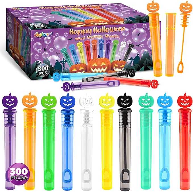 300PCS Halloween Party Favor, Halloween Bubble Wands for Kids, Halloween Trick or Treat Toys, Goodies Bag Fillers, Pinata Fillers, Mini Bubble Wands for Party Supplies