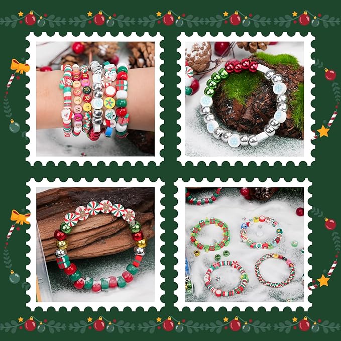 Gionlion Christmas Beads Bracelet Making Kit, 800 Pcs Polymer Clay Beads Jewelry Kit for Girls, Holiday DIY Craft with Christmas Charms, Perfect Stocking Stuffer for Kids