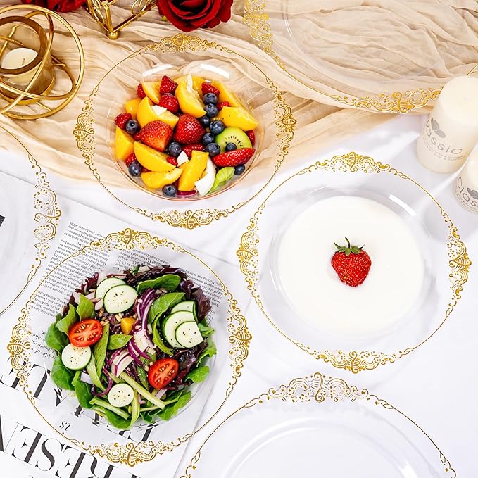 100PCS Clear Gold Plastic Bowls - 12 oz Clear Disposable Salad Bowls - Heavy Duty Disposable Soup Bowl - Fancy Plastic Ice Cream Bowl for Weddings, Thanksgiving Parties, Dinners, Picnics,