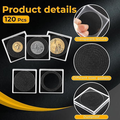 120 Pcs Adjustable Acrylic Coin Collection Cases with Sponges, Coin Snap Holder, Silver Dollar Protection Cases for Collectors, Coin Dollar Collection Supplies(20mm-40mm)