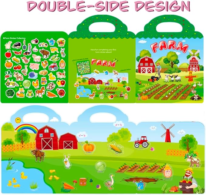 Reusable Sticker Book for Kids, 3 Sets Educational Learning Toys Travel Stickers Activity Books for Toddler Girls Boys Age 3+ Birthday Gifts - Farm, Season & Animals
