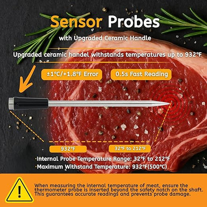 Wireless Meat Thermometer Digital, 600 Ft Long Range Bluetooth 5.3 with Smart App Control, High Accuracy Waterproof Ceramic Probe, Fast Charging & Magnetic for Oven Grill BBQ Smoker Rotisserie