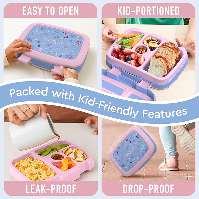 Bentgo Kids Prints Leak-Proof, 5-Compartment Bento-Style Kids Lunch Box - Ideal Portion Sizes for Ages 3-7, Durable, Drop-Proof, Dishwasher Safe, & PFAS & BPA-Free Materials (Lavender Galaxy)