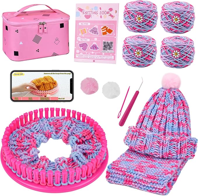 AHCo. Knitting Loom Kit for Girls Ages 6 7 8 10 11 12 – DIY Yarn Craft Set with Looms, Hooks, Storage Bag and Tools, Create Hats, Scarves, Coasters – Fun Gift for Beginners and Kids (Rose)